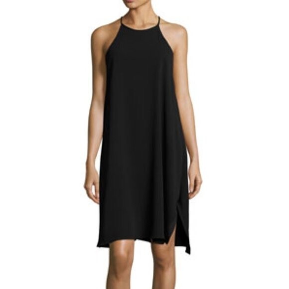 HALSTON HERITAGE High Neck Flowy Cami Silk Dress Black Back Logo - Picture 2 of 13